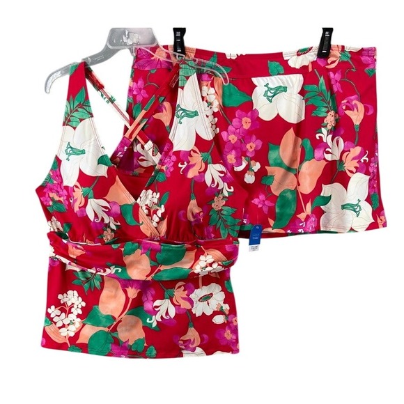 New Lands End Swimsuit Womens 3X 26W Red Floral Tankini Top Skirt Set UPF